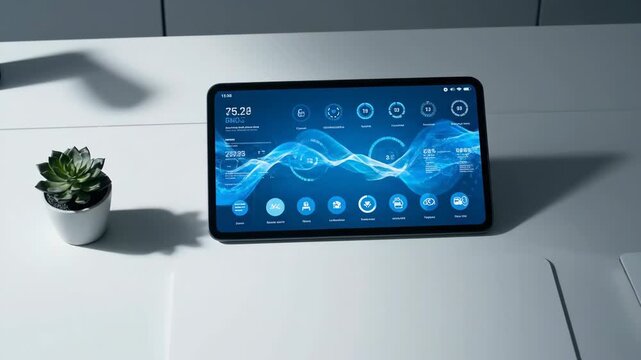 Tablet with abstract design on white desk with succulent plant, technology.