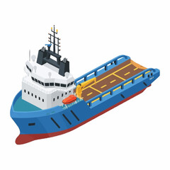 Fototapeta premium Isometric illustration of a blue and white offshore supply vessel with a large deck area.