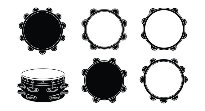 Collection of various percussion instruments tambourines and drums shown in silhouette