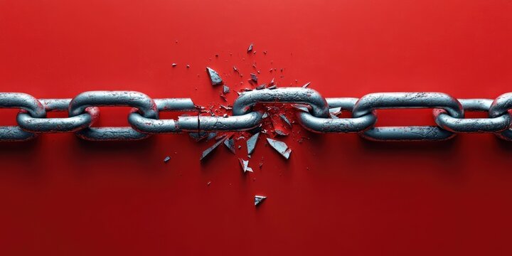 weathered metal chain with a shattered midlink erupting into fragments on a bold red background, conveying tension, rupture and sudden release