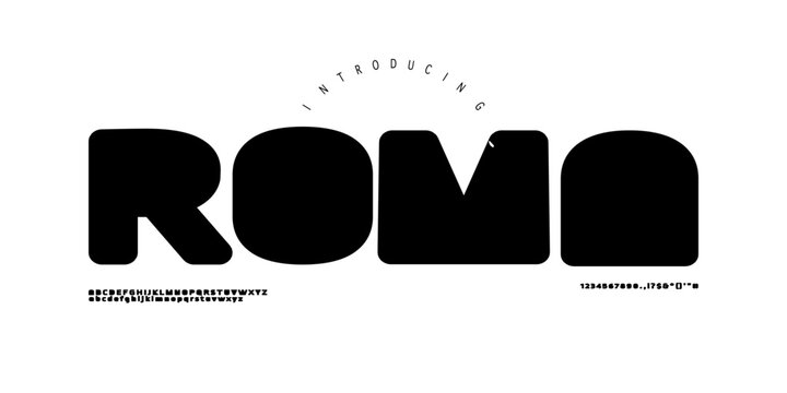 Roma: A modern ultra-bold bubble font. Featuring extra-wide rounded geometric shapes for playful and minimal branding.