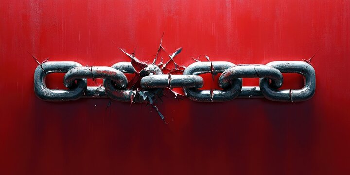 Heavy metal chain snapping at the center with jagged broken links and flying shards against a bold red background, conveying tension and dramatic rupture