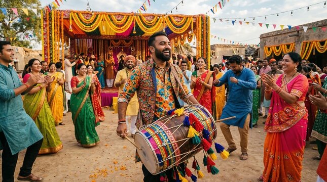 Indian wedding celebration dhol player folk music festive event cultural tradition