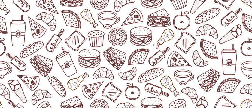 Fast foods doodle pattern. Seamless fast foods pattern in doodle style. Seamless pattern of fast foods doodle with fruits doodle.