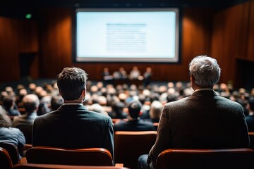 Two men watching a packed auditorium presentation and panel discussion, attentive professional audience in a wood-paneled lecture hall