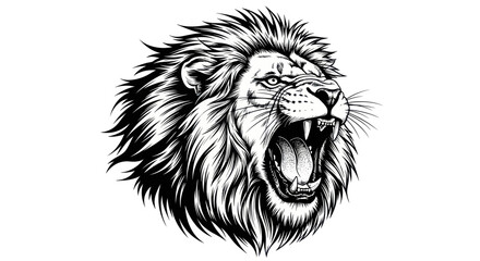 Fototapeta premium Fierce Lion Roaring Head Illustration - Black and White