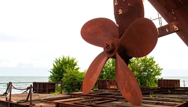 Close-up of a large, rusty propeller on a vessel. Green trees and ocean in the background. Overcast skies with a metal support structure