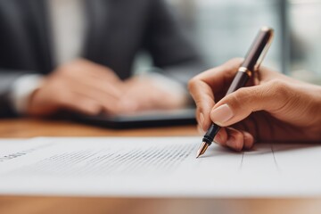 Naklejka premium Close-up of a persons hand signing a document with a pen, with another person blurred in the background.