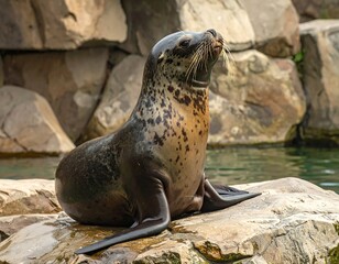 Fototapeta premium Leopard seal resting on a rock against a rocky backdrop and calm water landscape