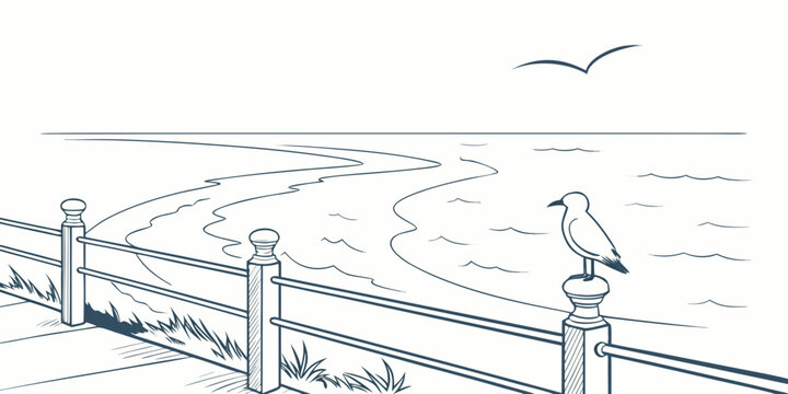 A bird perched on a fence by the ocean Vector