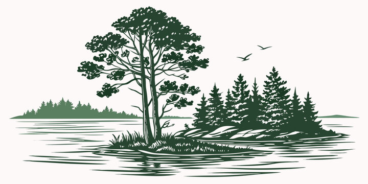 A small island with trees and birds flying overhead Vector