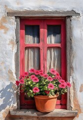 Rustic red wooden window with sheer curtains and a terracotta pot of bright pink flowers on a weathered white stucco wall, cozy charming scene