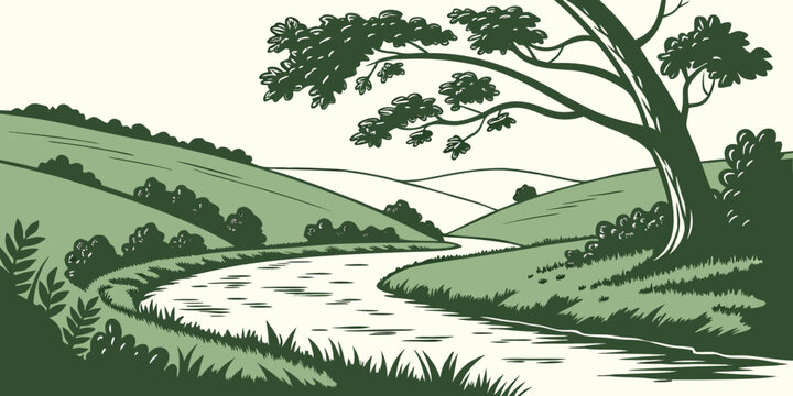 A tree stands beside a winding river in a green landscape Vector