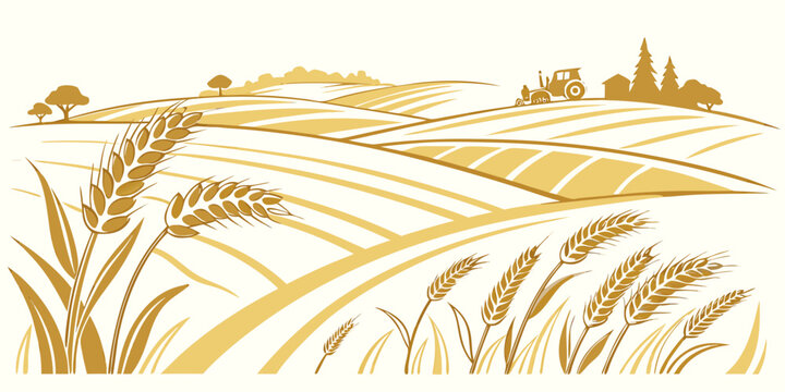 A golden wheat field with a village in the background Vector