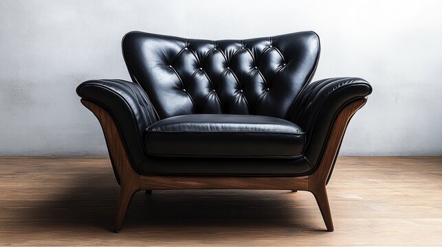 Black tufted leather armchair with wooden frame on hardwood floor against a pale wall, elegant inviting and cozy lounge seating