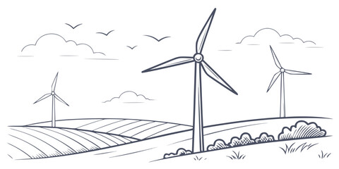 Wind turbines in a field with birds flying overhead Vector © MD MOGAMMEL HAQUE 