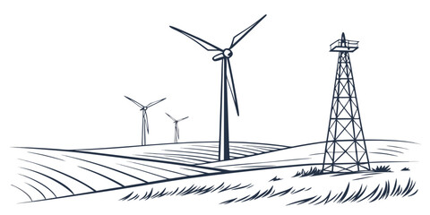 Wind turbines and transmission tower in a field Vector © MD MOGAMMEL HAQUE 