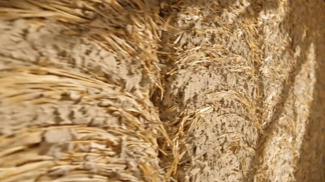 Close-up of natural wall made of straw and clay, natural building materials, rustic texture, eco-friendly construction.