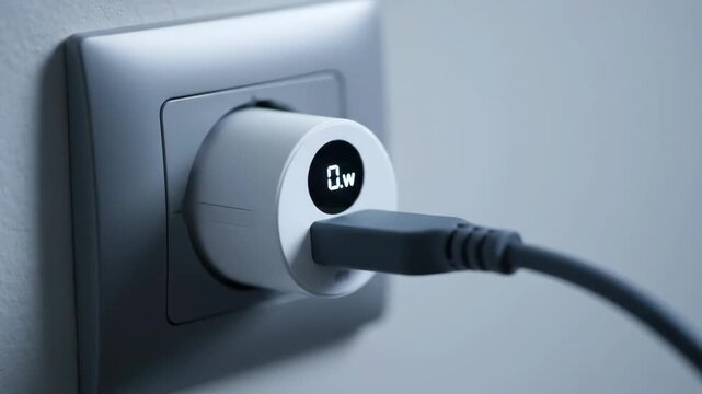 Smart plug displaying power usage in wall outlet. Energy monitoring, power consumption technology.