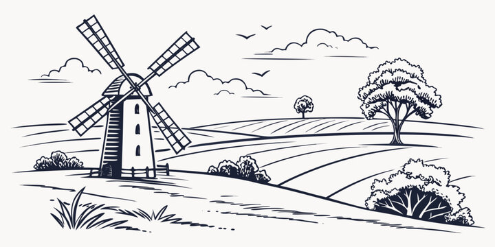 A black and white drawing of a windmill Vector