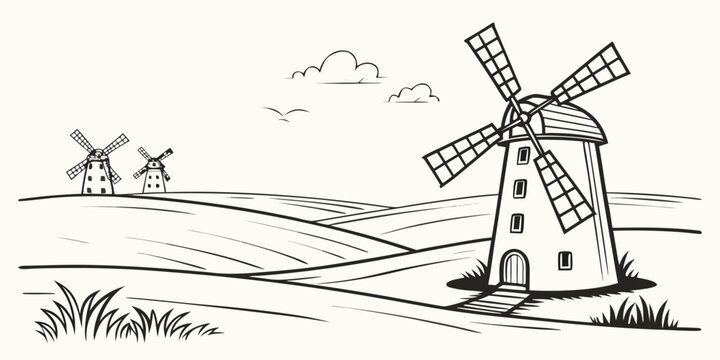 A windmill standing in a field with other windmills Vector