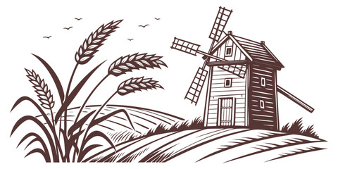 A brown windmill on a hill with wheat plants Vector © MD MOGAMMEL HAQUE 