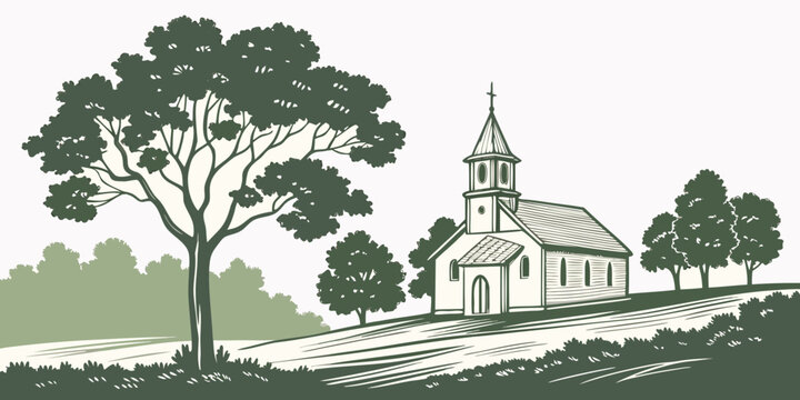 A church with a steeple and trees on a hill Vector