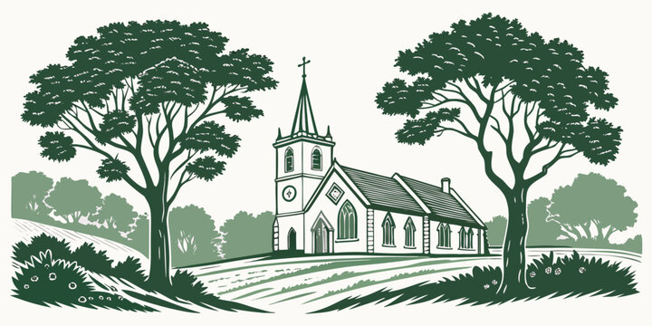 A church with a steeple and trees in the countryside Vector