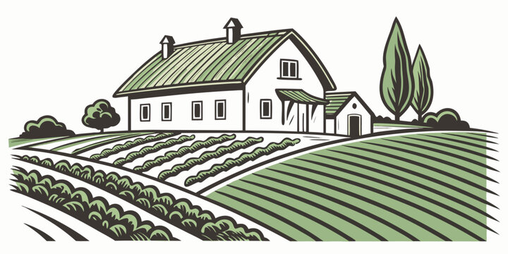 A white house with a green roof on a farm with rows of crops Vector
