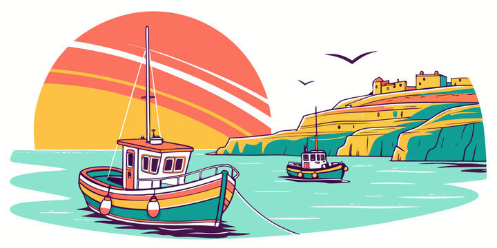 A colorful boat floating on the water near a cliff Vector