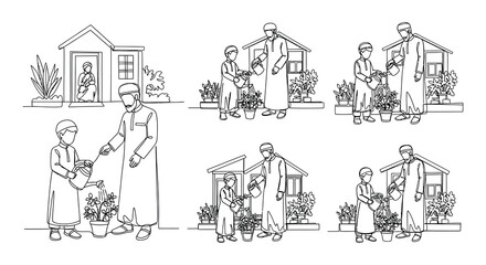 Obraz premium Line art illustration of arab families gardening with potted plants