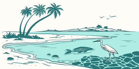 A heron standing on the shore by the sea with palm trees Vector © MD MOGAMMEL HAQUE 