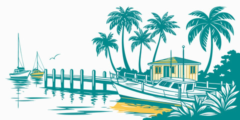 A tropical scene with a house and boats by the water Vector © MD MOGAMMEL HAQUE 