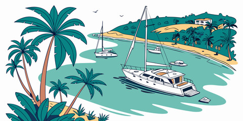A white sailboat anchored near a tropical beach with palm trees Vector © MD MOGAMMEL HAQUE 