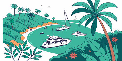 Boats are anchored in a tropical bay surrounded by palm trees and lush greenery Vector © MD MOGAMMEL HAQUE 