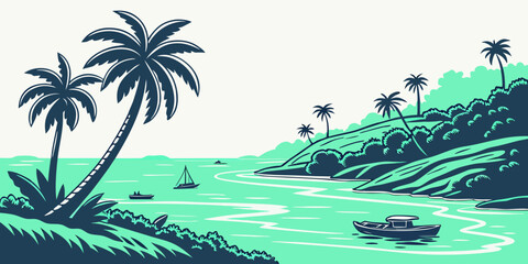 A serene tropical landscape with a river and palm trees Vector © MD MOGAMMEL HAQUE 
