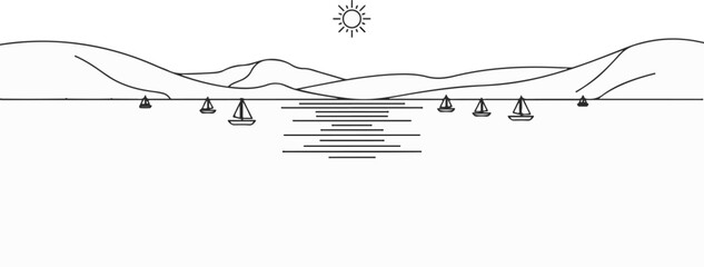 Fototapeta premium Minimalist outline of sailboats on water under a sunlit sky with distant hills