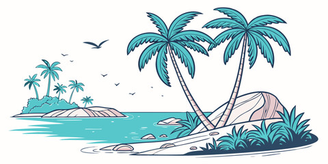 A tropical island with palm trees and a tent Vector © MD MOGAMMEL HAQUE 