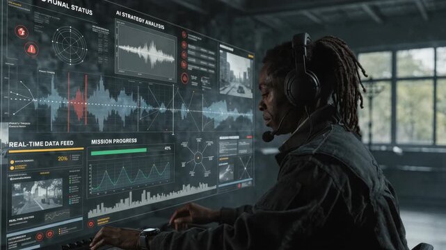 Man with headset monitoring real time analytics dashboard and data feed for mission progress and AI