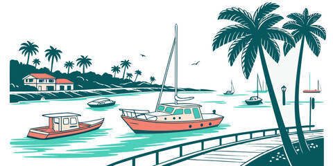 Boats are anchored near a tropical shore Vector © MD MOGAMMEL HAQUE 