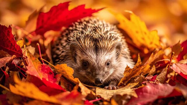 Cute hedgehog nestled among colorful autumn leaves, fall season, adorable animal.