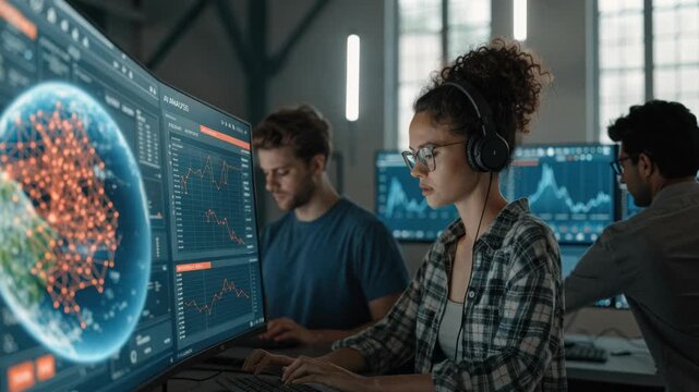 Woman headset computer analytics network globe data analyst team monitoring global network