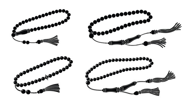 Four black silhouettes of islamic prayer beads or tasbihs displayed