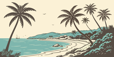 Fototapeta premium A serene beach with palm trees on the shore Vector