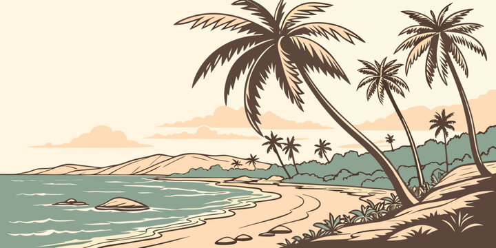 A tropical beach with palm trees on the shore Vector
