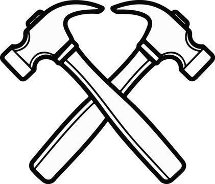 Two crossed claw hammers, simple line art icon, tool motif