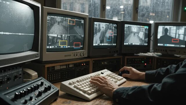 Surveillance monitor workstation keyboard security footage monitoring control room operator