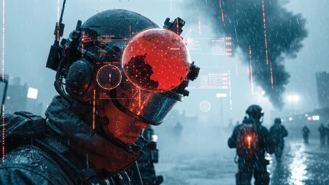 Futuristic soldier wearing tactical helmet with holographic visor and globe augmented reality gear