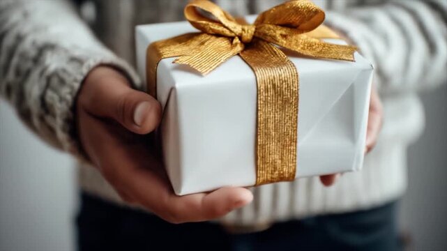 Person holding gift box wrapped in white and golden ribbon
