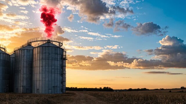 Grain silo metal structure with red smoke plume at sunset over golden field dramatic rural scene